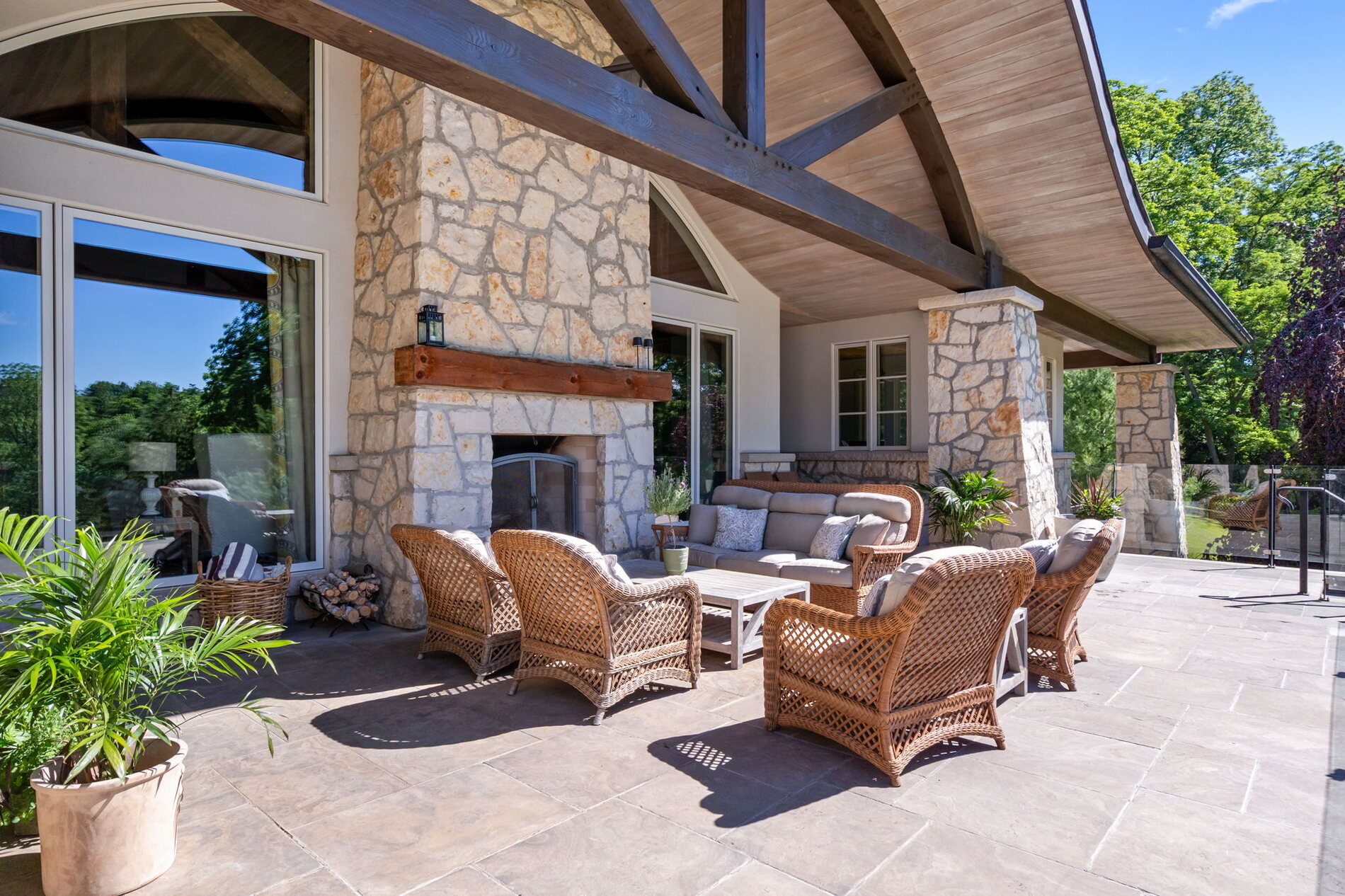 Covered stone porch under timber
